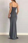 Koyu Gri Uzun Askılı Scuba Kumaş Abiye Elbise