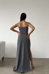 Koyu Gri Uzun Straplez Kalp Yaka Derin Yırtmaç Detaylı Scuba Kumaş Abiye Elbise