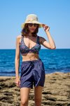 Lacivert Paraşüt Şortlu Etnik Desen Bralet Üst Bikini Takım