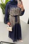 Lacivert Şifon Kumaş Kuşaklı Kayık Yaka X Tesettür Elbise