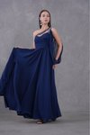 Lacivert Uzun Tek Omuz Askılı Tasarım Şifon Abiye Elbise