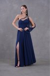 Lacivert Uzun Tek Omuz Askılı Tasarım Şifon Abiye Elbise