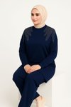 Lacivert Zarif Taş Detaylı Tunik Pantolon İkili Tesettür Takım