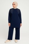 Lacivert Zarif Taş Detaylı Tunik Pantolon İkili Tesettür Takım