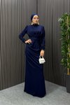 Navy Blue Zeyna Feathered Sleeve Modest Evening Dress