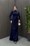 Lacivert Zeyna Kol Tüylü Tesettür Abiye Elbise