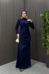 Lacivert Zeyna Kol Tüylü Tesettür Abiye Elbise