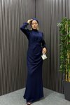 Lacivert Zeyna Kol Tüylü Tesettür Abiye Elbise