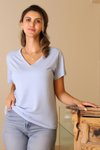 Mavi Kısa Kollu V Yaka Bluz