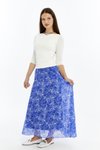 Mavi Uzun Çiçek Desenli Astarlı Şifon Dokuma Etek