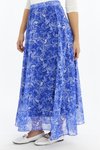 Mavi Uzun Çiçek Desenli Astarlı Şifon Dokuma Etek