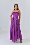Mor Uzun Düğme Ve Fırfır Detaylı Straplez Abiye Elbise