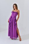 Mor Uzun Düğme Ve Fırfır Detaylı Straplez Abiye Elbise