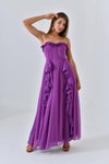 Mor Uzun Düğme Ve Fırfır Detaylı Straplez Abiye Elbise