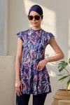 Mor Yarı Likralı Mendil Kol Fulya Yaprak Desenli Mayo