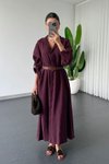 Plum Long Modal Fabric Belted Buttoned Sleeved Loose Shirt Collar Dress