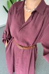 Mürdüm Uzun Modal Kumaş Kemerli Düğmeli Kollu Salaş Gömlek Yaka Elbise