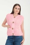 Pembe Bisiklet Yaka Yumuşak Dokulu Cepli Düğmeli Triko Yelek