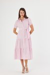 Pembe Midi Boydan Düğmeli Eteği Volanlı Çizgili Elbise