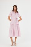 Pembe Midi Boydan Düğmeli Eteği Volanlı Çizgili Elbise