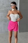 Pembe Mini Keten Bağlama Detaylı Yüksek Bel Slim Fermuarlı Şık Trend Yazlık Şort Etek