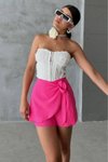 Pembe Mini Keten Bağlama Detaylı Yüksek Bel Slim Fermuarlı Şık Trend Yazlık Şort Etek