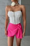 Pembe Mini Keten Bağlama Detaylı Yüksek Bel Slim Fermuarlı Şık Trend Yazlık Şort Etek