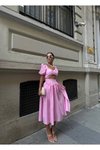 Pembe Poplin Kumaş Göğüs Detaylı Balon Kol Etek Bluz İkili Takım