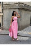 Pembe Uzun Askılı Kare Yaka Kloş Elbise