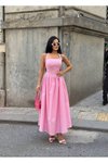 Pembe Uzun Askılı Kare Yaka Kloş Elbise