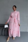 Pembe Uzun Kuşaklı Hakim Yaka Elbise
