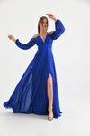 Saks Mavi Uzun Askılı Korsajlı Yırtmaç Detaylı Şifon Abiye Elbise