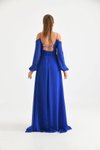 Saks Mavi Uzun Askılı Korsajlı Yırtmaç Detaylı Şifon Abiye Elbise