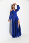 Saks Mavi Uzun Askılı Korsajlı Yırtmaç Detaylı Şifon Abiye Elbise