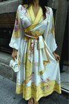 Sarı Uzun Kruvaze Yaka Desenli Elbise