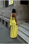 Sarı Uzun Straplez Dubai Kumaş Sırt Bağlamalı Çapraz Kesim Detaylı Yırtmaçlı Abiye Elbise