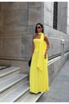 Sarı Uzun Straplez Dubai Kumaş Sırt Bağlamalı Çapraz Kesim Detaylı Yırtmaçlı Abiye Elbise