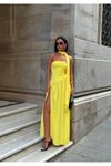 Sarı Uzun Straplez Dubai Kumaş Sırt Bağlamalı Çapraz Kesim Detaylı Yırtmaçlı Abiye Elbise