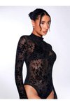Siyah Çiçek Flok Baskılı Kollu Çıtçıtlı Body