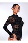 Siyah Çiçek Flok Baskılı Kollu Çıtçıtlı Body