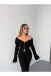 Siyah Çift Fermuarlı Madonna Yaka Triko Hırka