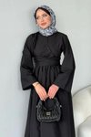 Siyah Keten Yan Çapraz Bağlamalı Tesettür Elbise