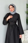 Siyah Keten Yan Çapraz Bağlamalı Tesettür Elbise