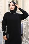 Siyah Manşeti Taş Detaylı Triko Tesettür Elbise