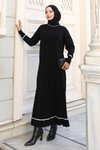 Siyah Manşeti Taş Detaylı Triko Tesettür Elbise