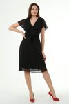 Siyah Midi Kruvaze Yaka Bağlama Detaylı Şifon Elbise