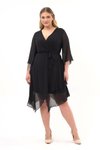 Black Midi Wrap Neck Long Sleeve Detailed Chiffon Dress