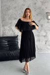 Siyah Midi Madonna Yaka Piliseli Şifon Elbise