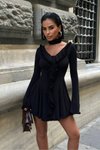 Black Mini Ruffle Detail Bell Sleeve Plunge Neck Dress