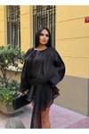 Siyah Mini Şifon Dökümlü Volanlı Kuşak Detaylı Uzun Kollu Elbise